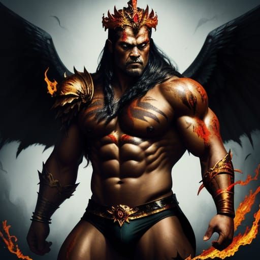 Fiery Winged Tribal Warrior with Trident, Fantasy Art