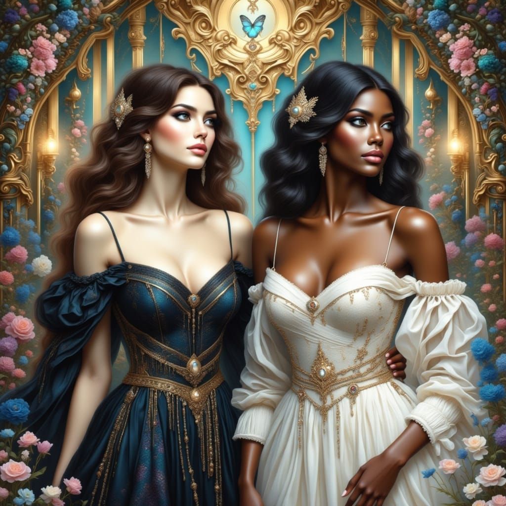 Elegant Swans and Ladies in Futuristic Garden