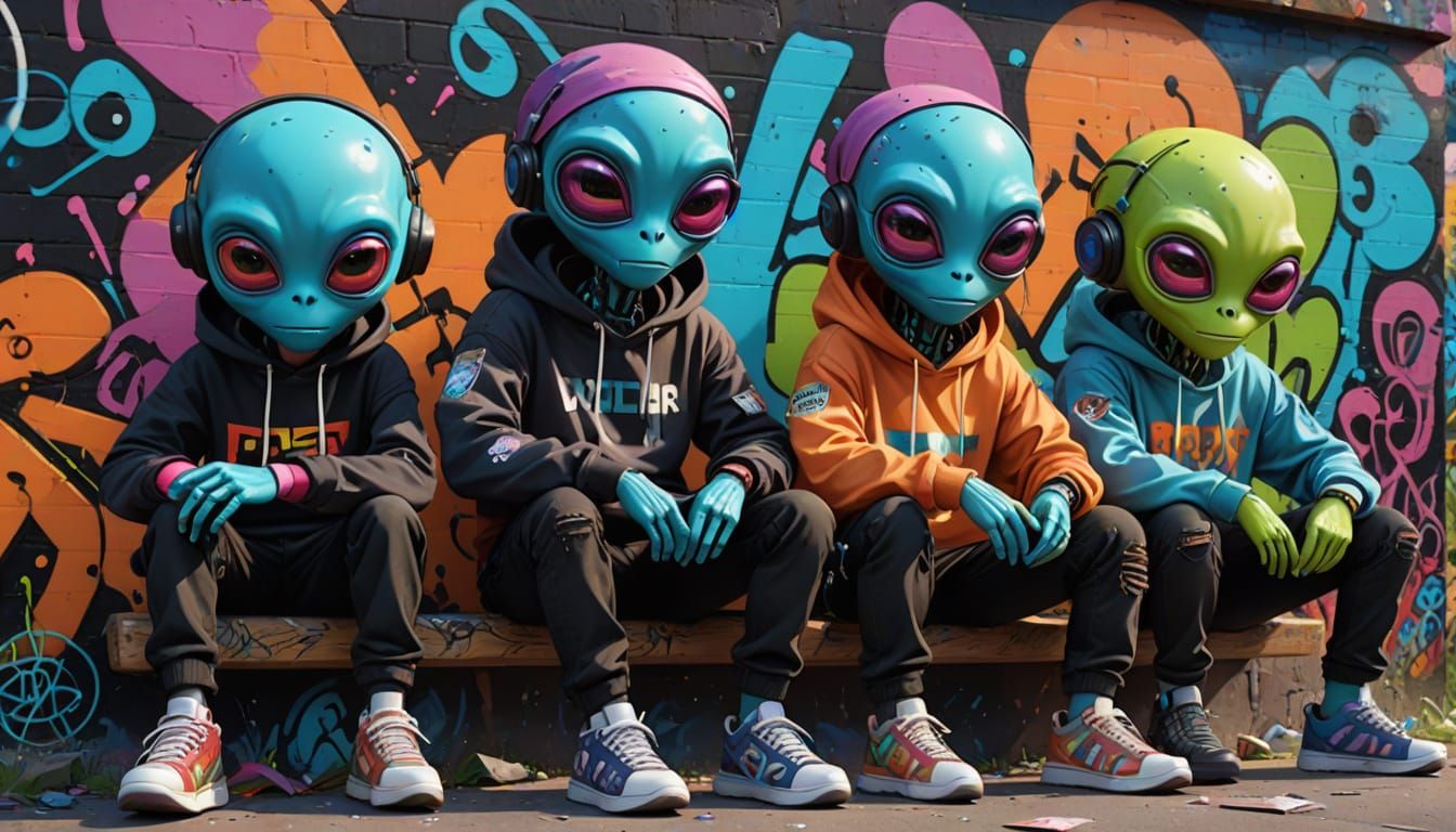 Vibrant Aliens Hang Out in a Graffiti Treehouse
