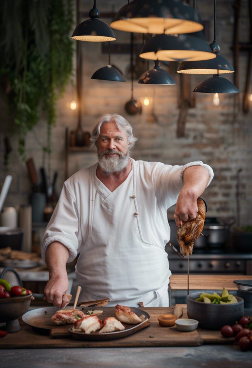 Medieval Chef Cooks Chicken: 8K Digital Painting