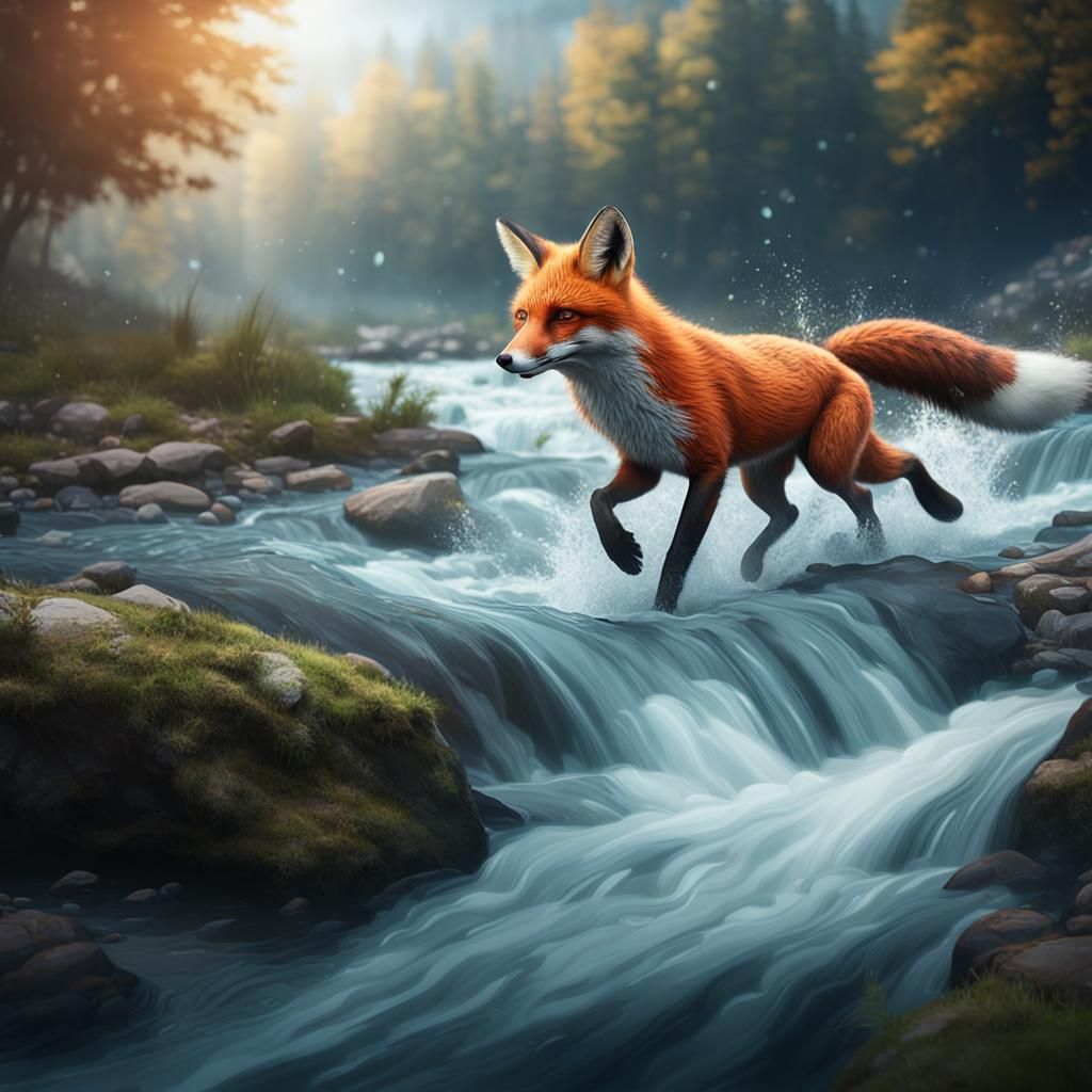 Fox Swimming Upstream: Detailed Fantasy Concept Art