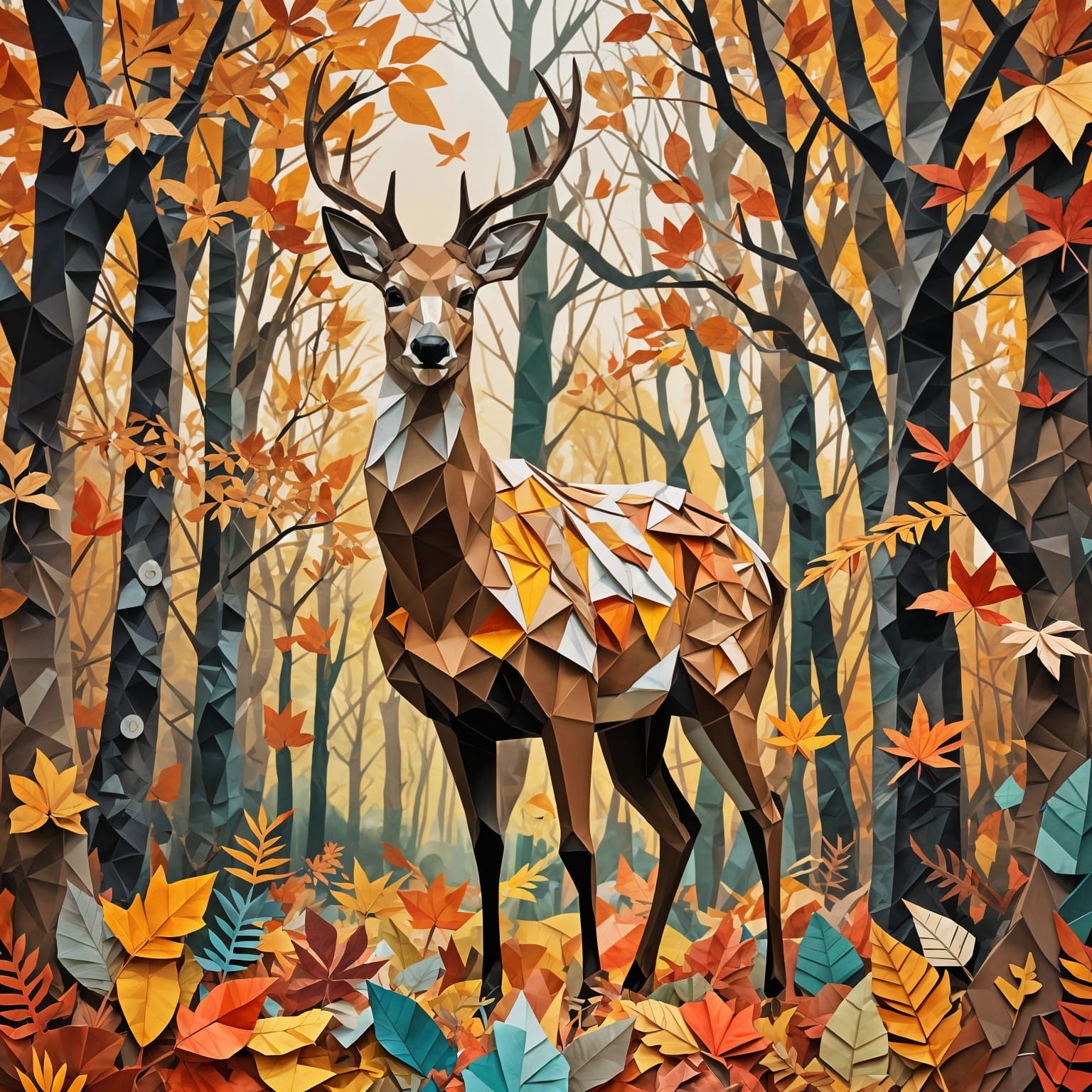 Autumn Deer in Forest Paper Collage Artwork