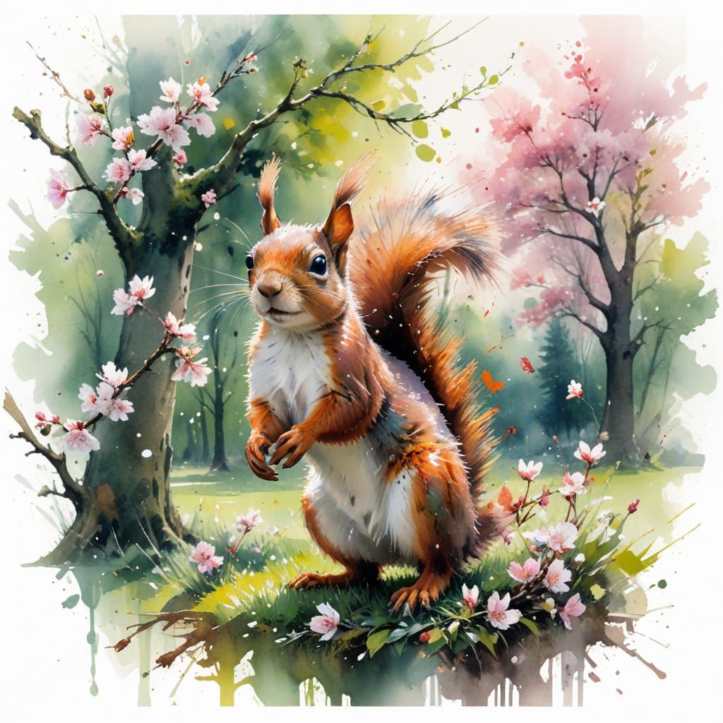 Serene Parkland Scene in Whimsical Watercolour Style