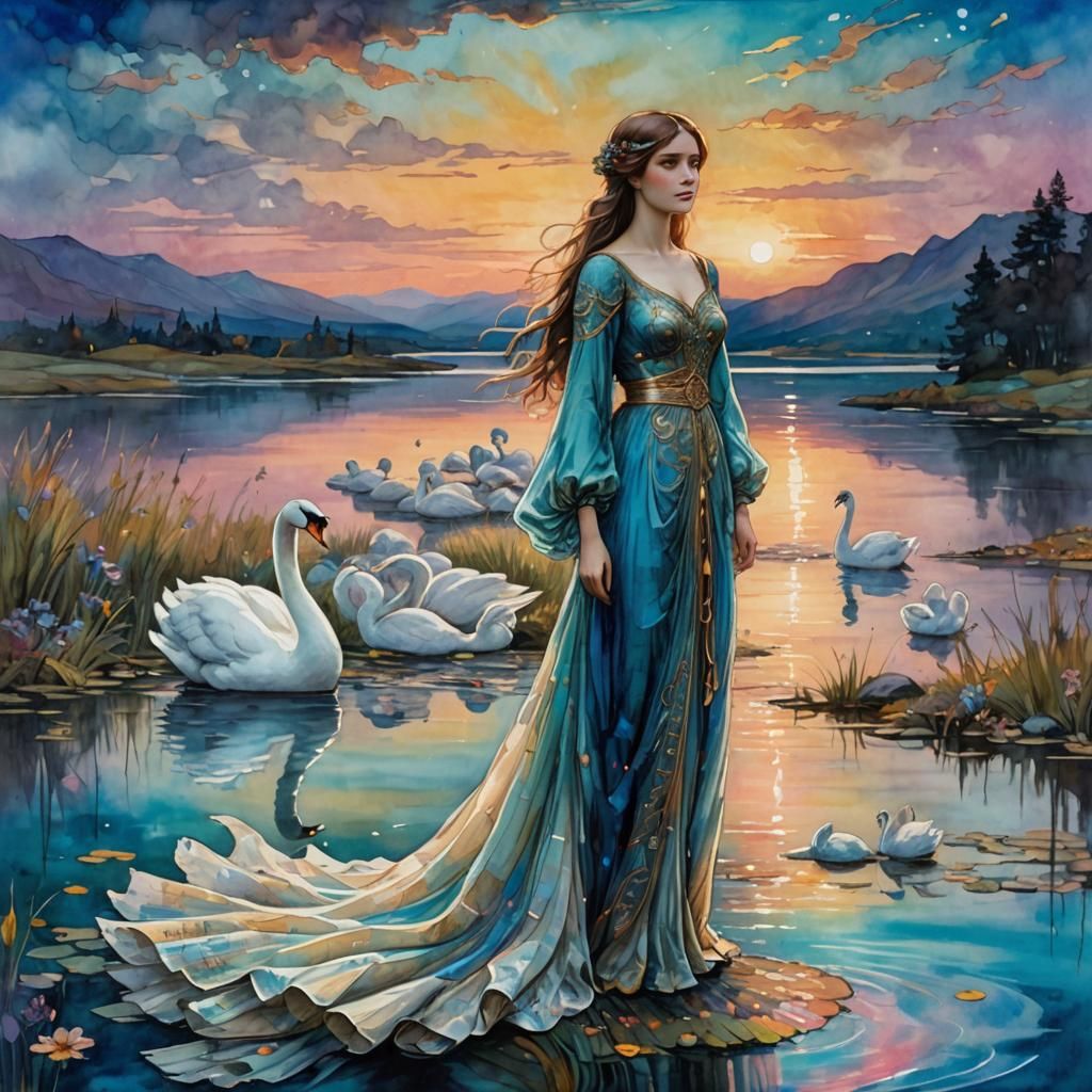 Ophelia and Swan in Alcohol Ink Style