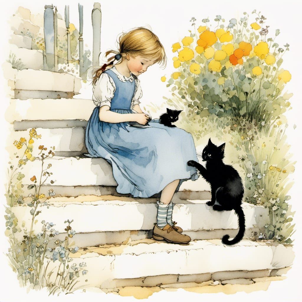 Girl and Black Cat in Whimsical Style
