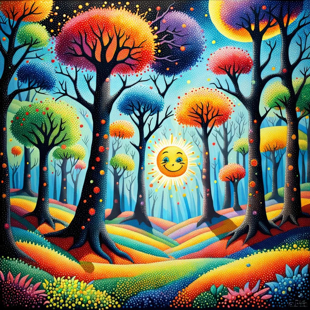 Whimsical Tree in Pointillism Style, Dr. Seuss Inspired