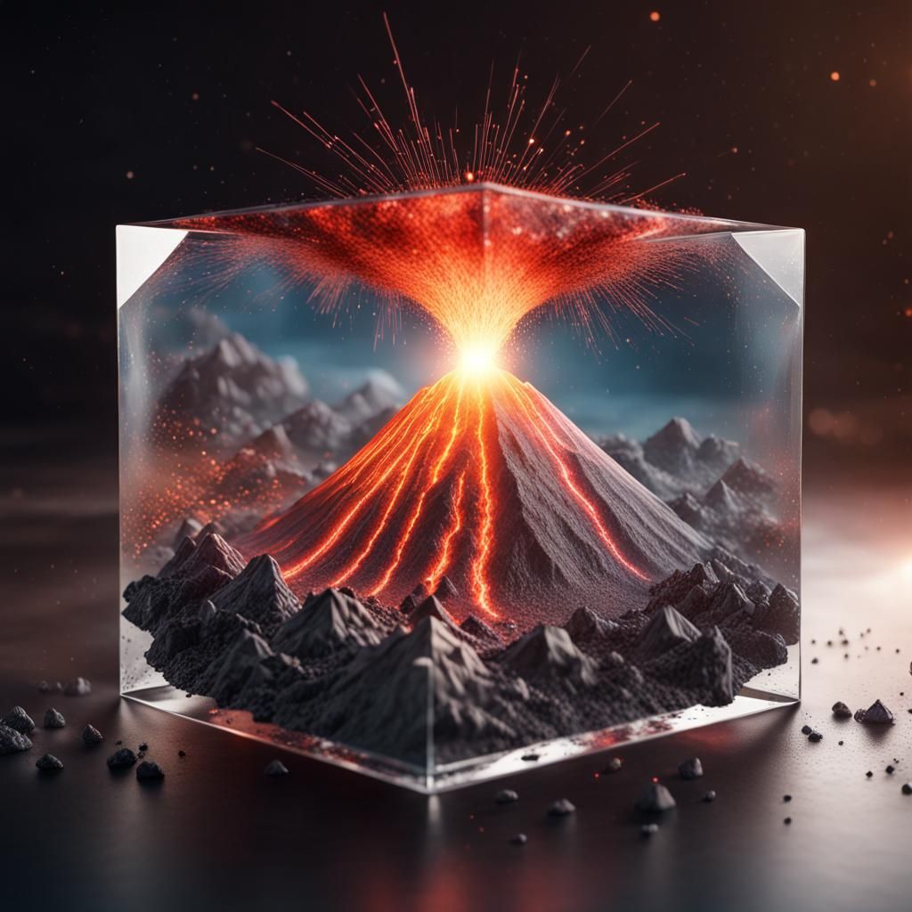 Volcano Eruption Inside Crystal Cube: Hyperrealistic CGI Art