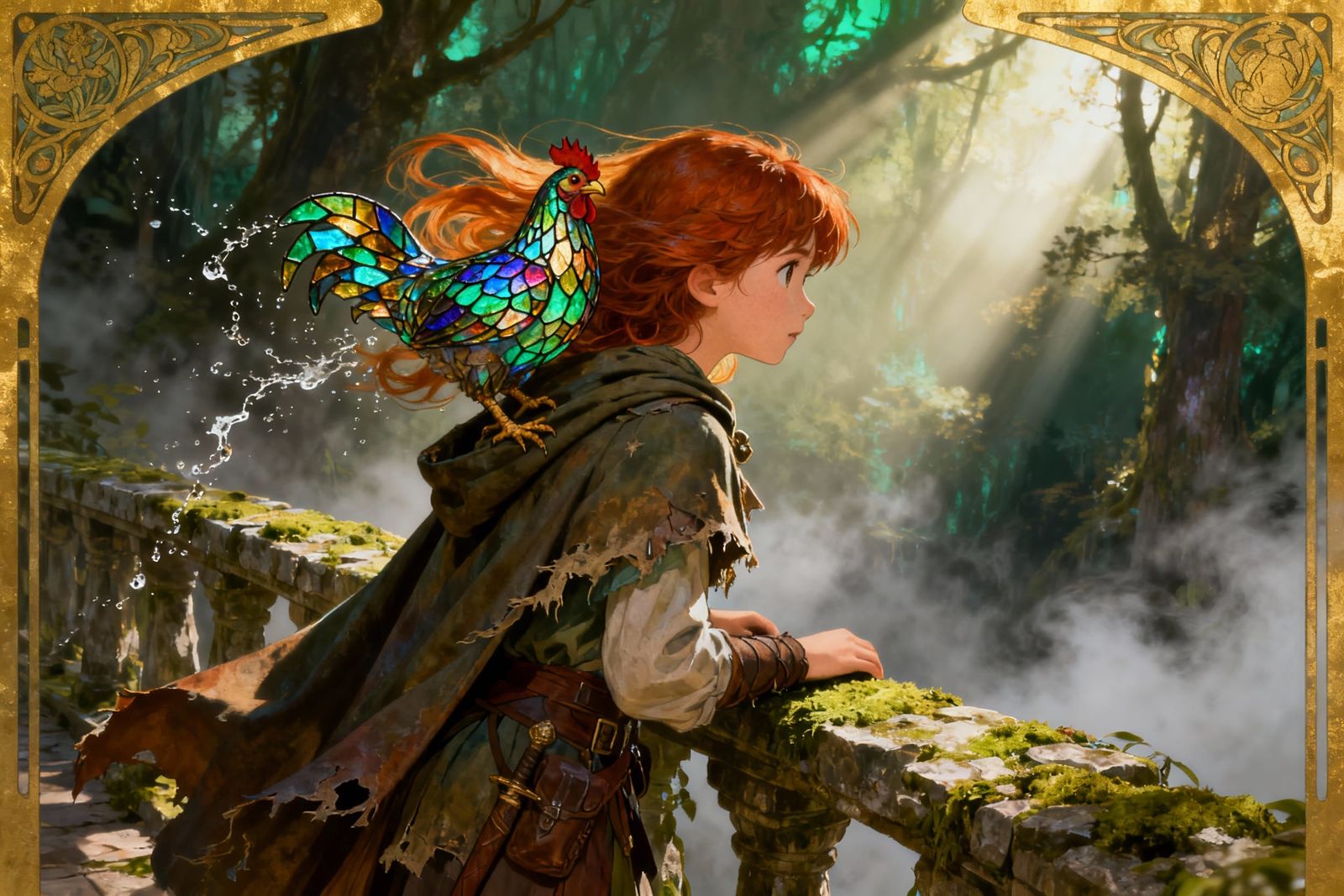 Mystical Forest Scene: Girl on Bridge with Iridescent Chicke...
