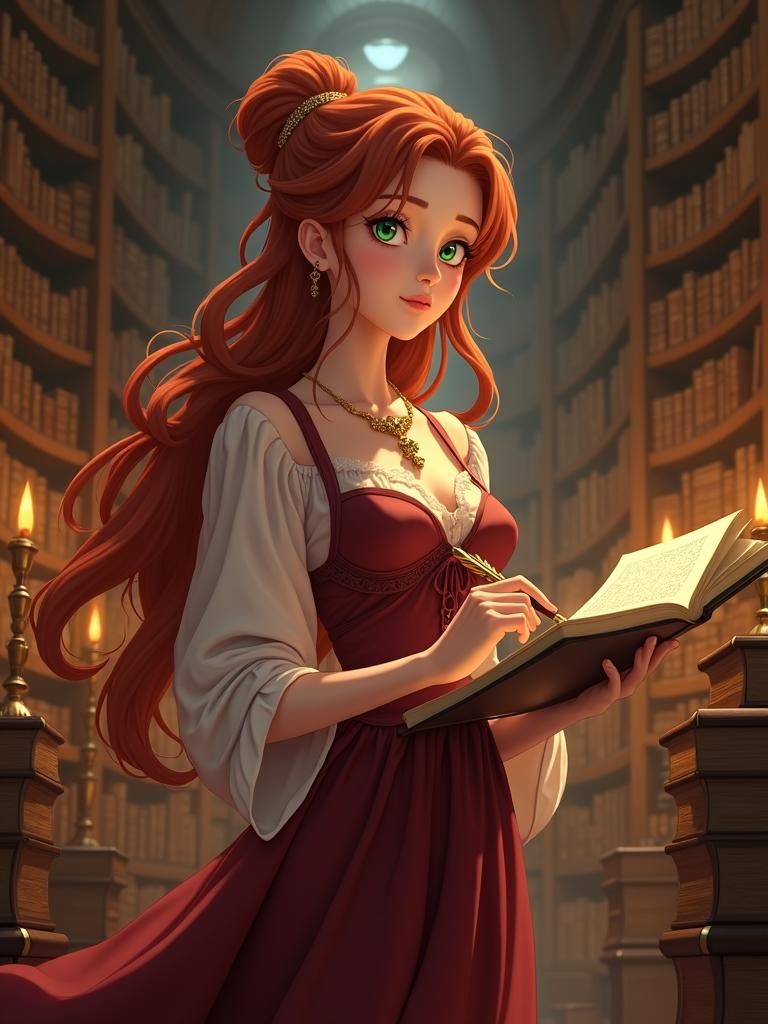 Anime Professor in Ornate Library, Digital Art