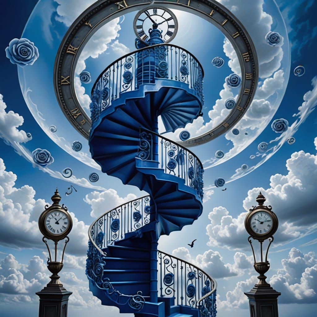 Surreal Blue Staircase Ascending Through Cobalt Clouds