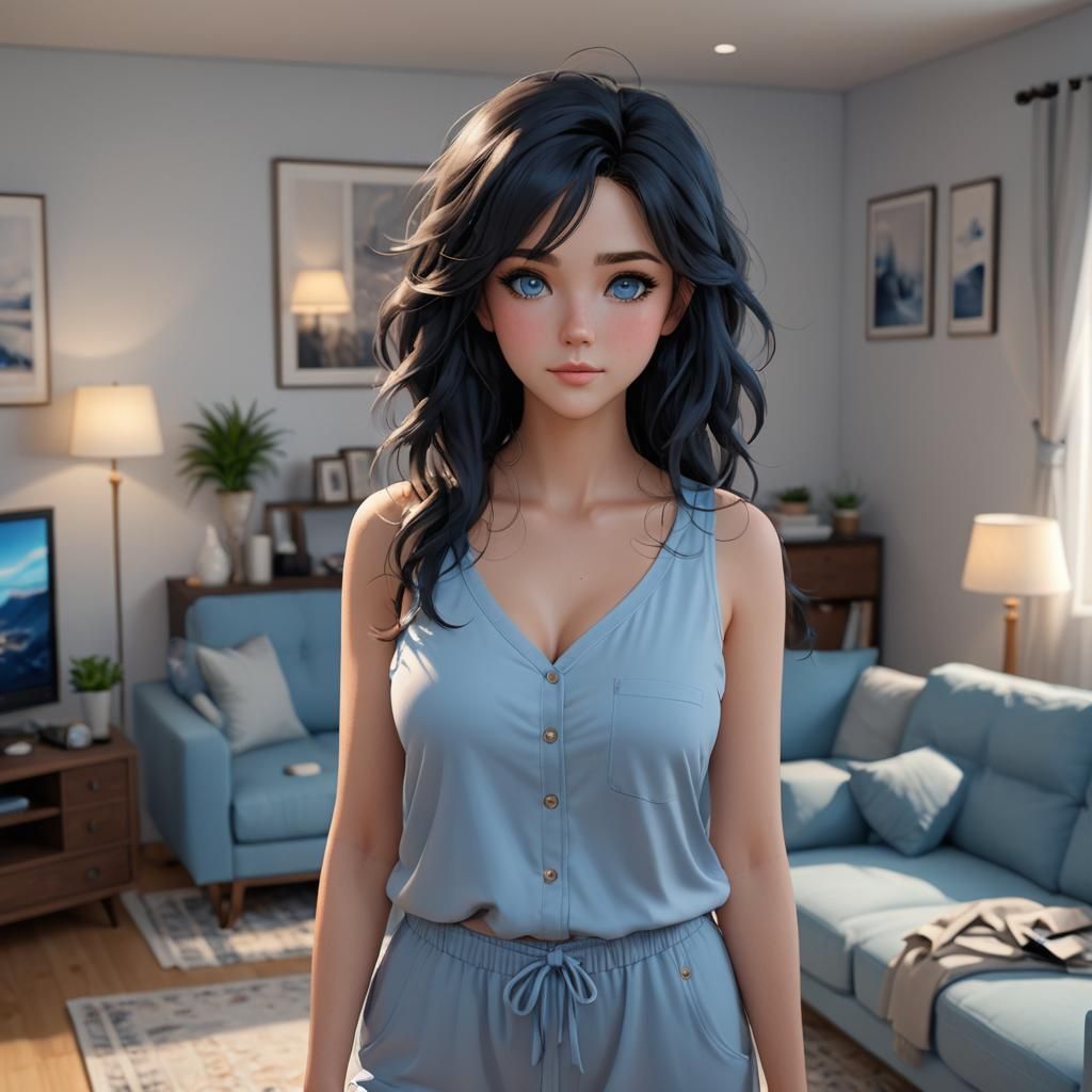 Cute Anime Girl with Blue Eyes in 3D