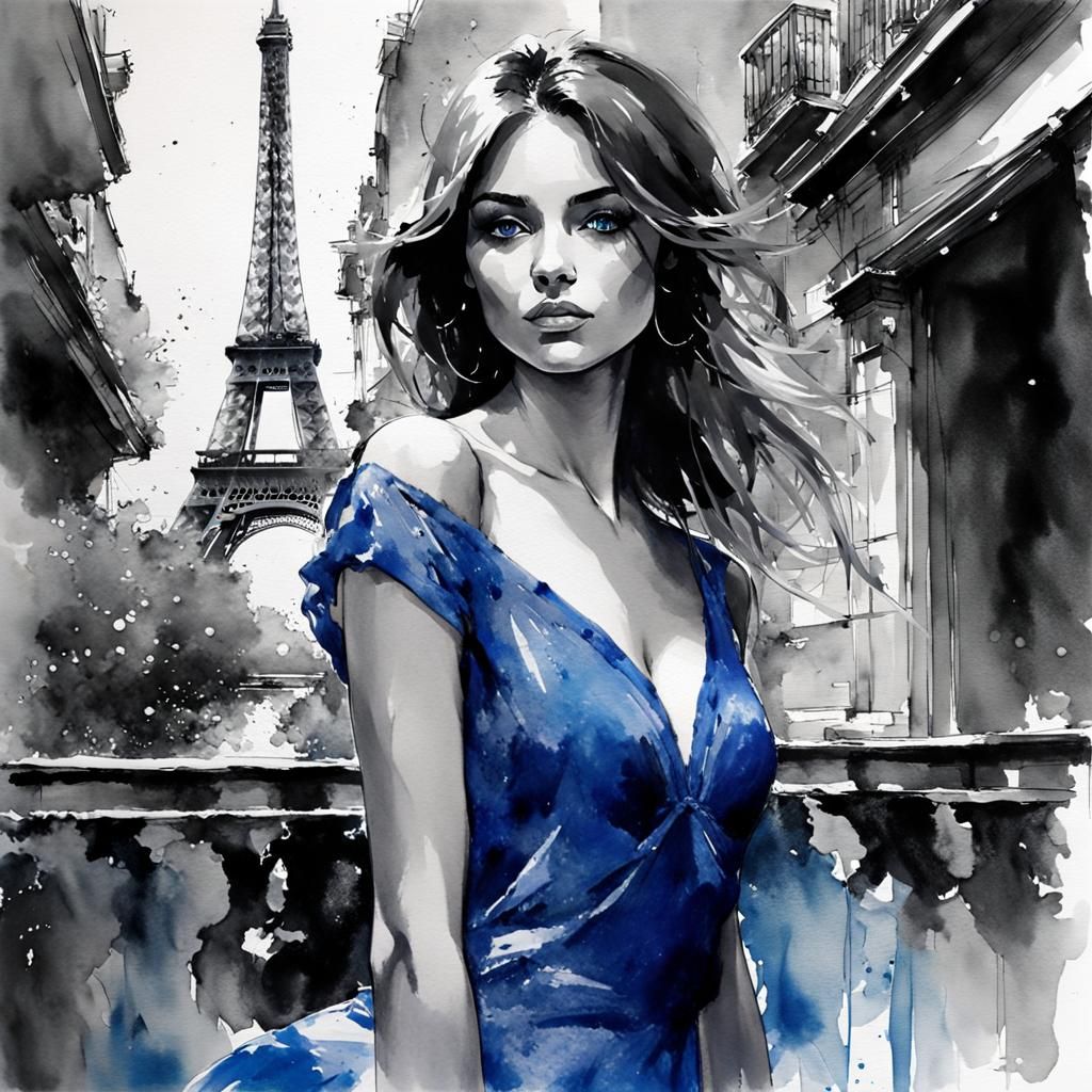 Watercolor Portrait of Girl in Blue Dress in Paris