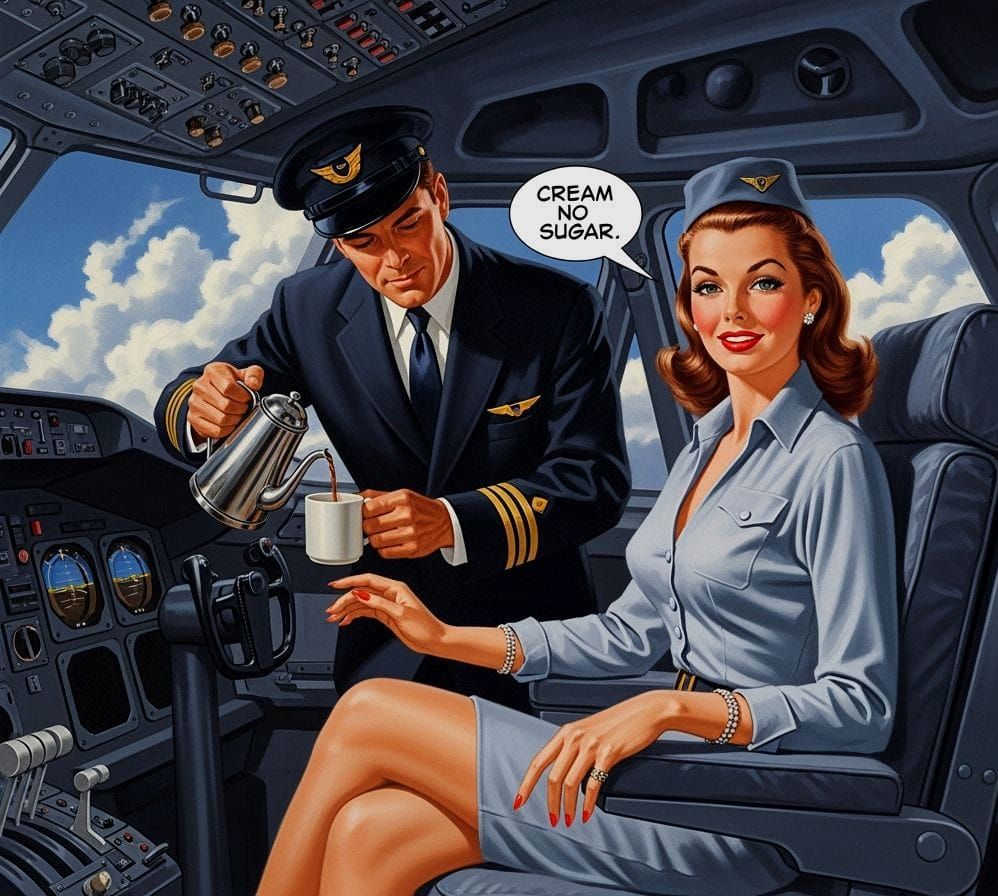 Retro 1950s Stewardess Pilots Plane, Captain Serves Coffee