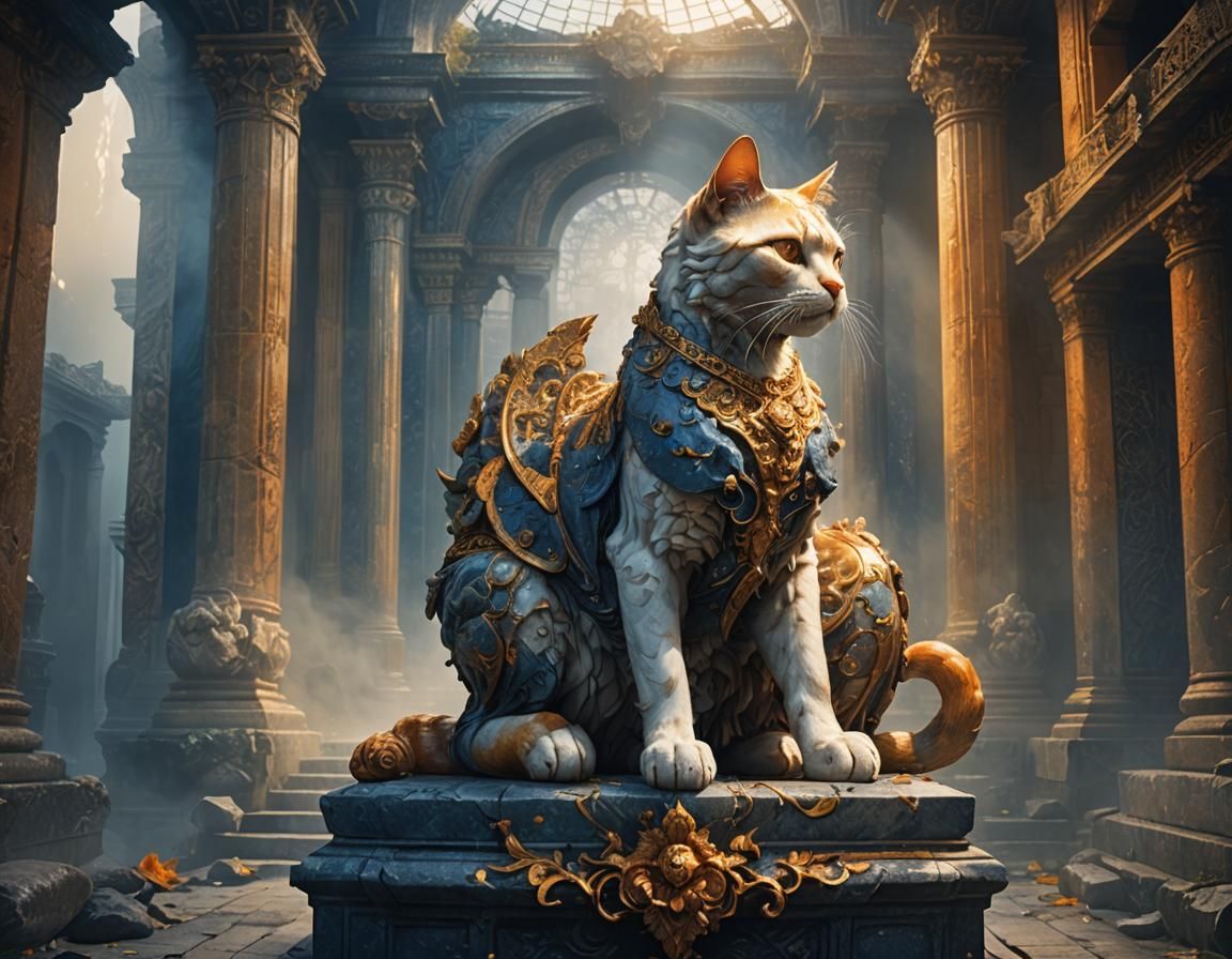 Marble Cat Statue in Misty Baroque Temple