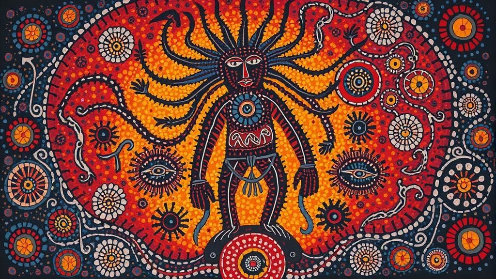 Aboriginal Art: Ancestral Being in Dreamlike Landscape