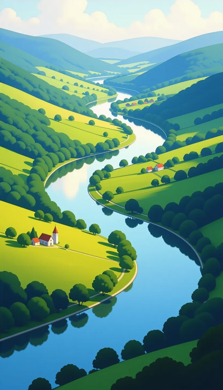 Lush Valley River Landscape Painting