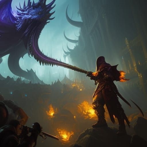 Fantasy Warrior Fighting Cthulhu in Dark Fantasy Style