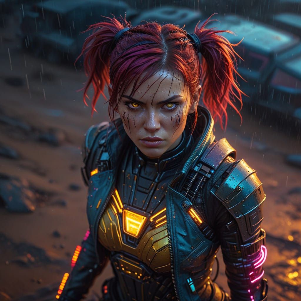 Cyberpunk Warrior Goddess in Rainy Desert Dunes