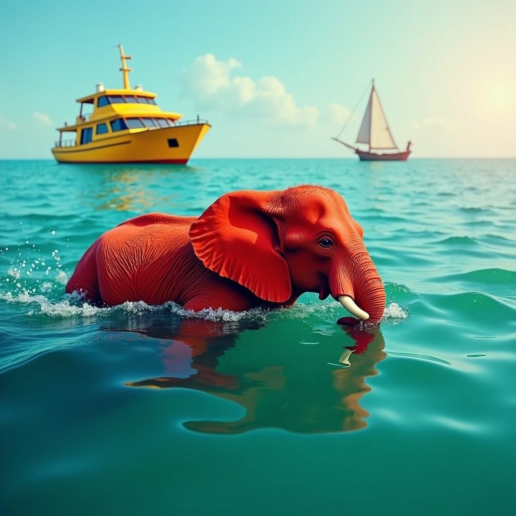 Red Elephant Swimming in Turquoise Sea, Kandinsky Style