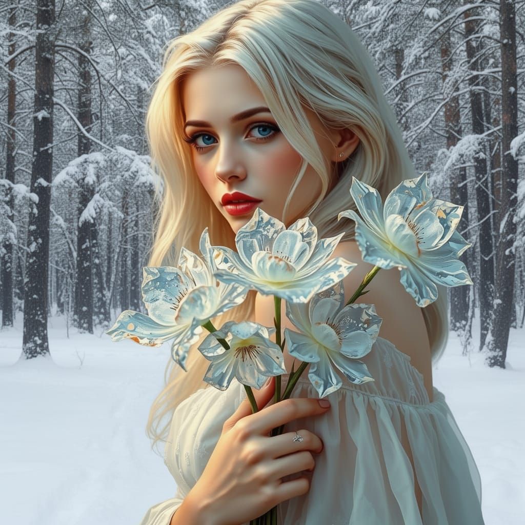 Ethereal Ice Princess Holding Crystal Flowers, Pre-Raphaelit...