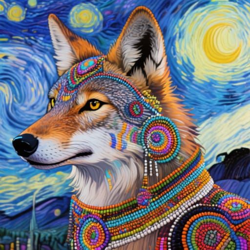 Psychedelic Beaded Coyote in Van Gogh Style