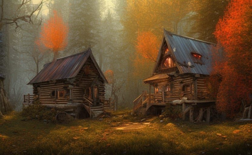Fantasy Hag Cabin in Autumnal Fractal Forest