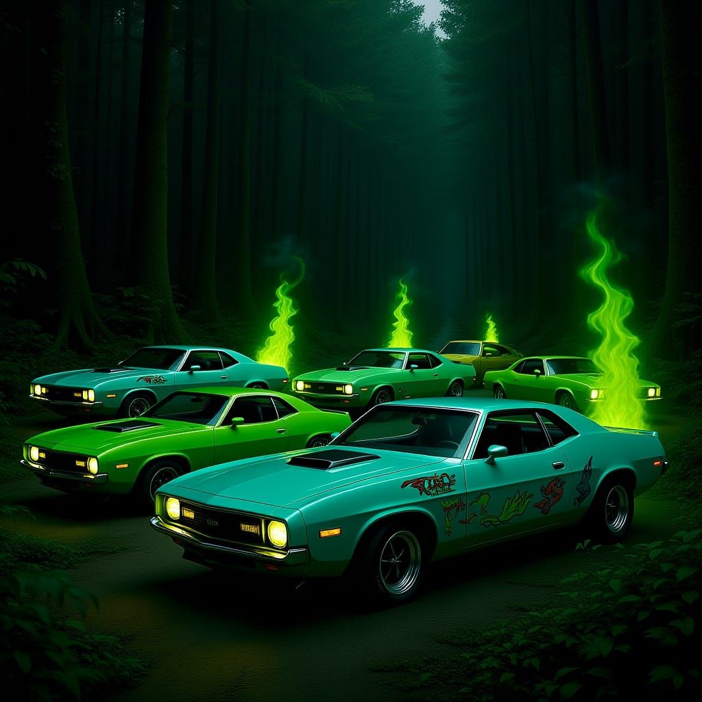 Lime Green Muscle Cars in Lush Jungle Setting