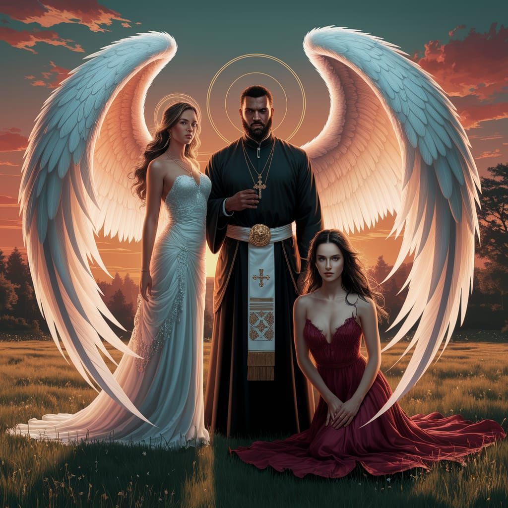 Ethereal Scene: Warrior, Angel, and Fallen Devil