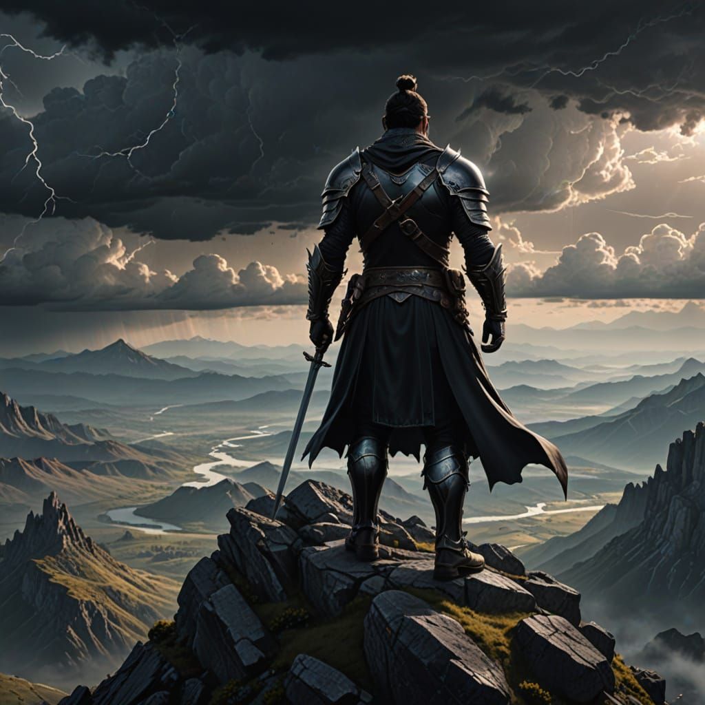 Dark fantasy artwork. A lone warrior stands atop a mountain peak, gazing out at a vast and desolate landscape. Cinematic...