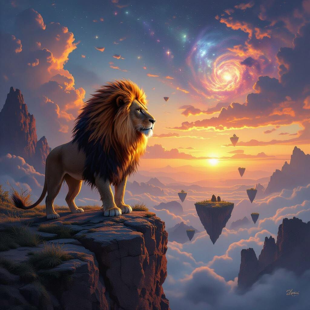 Fiery Lion Overlooking Surreal Landscape