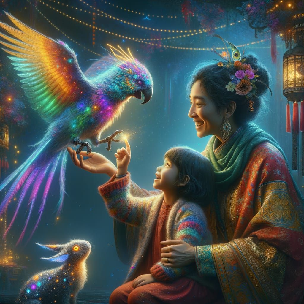 Mother and Daughter Play with Mythical Pets