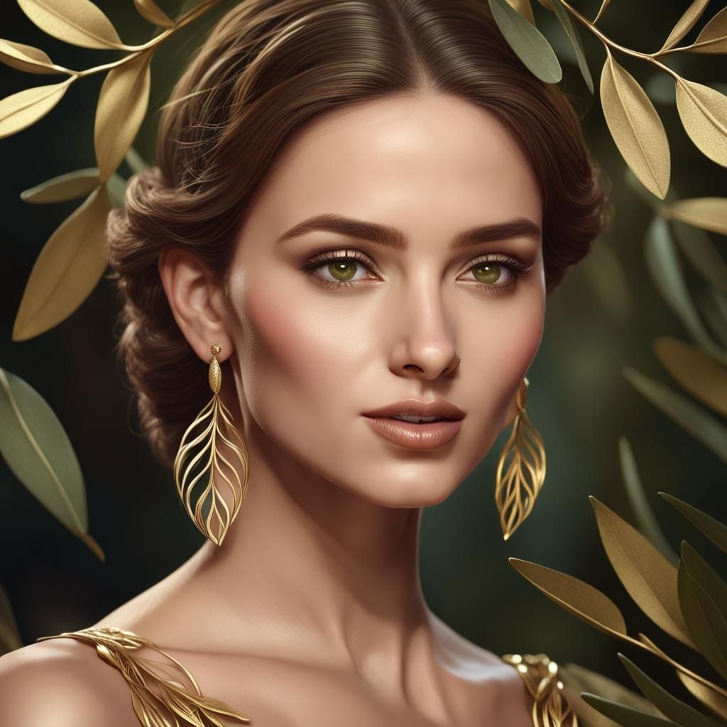 Elegant Woman in Gold Olive Leaf Earrings