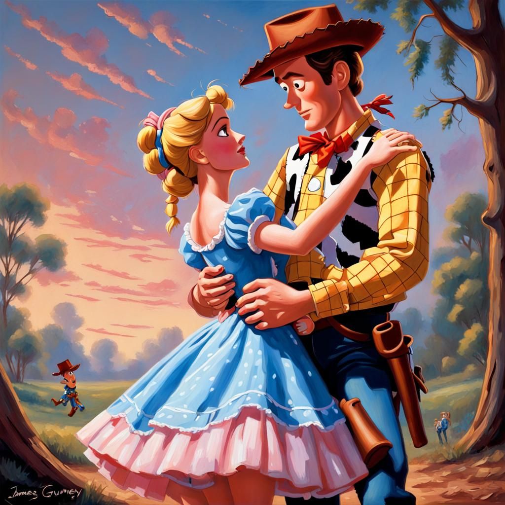 Woody and Bo Peep Dancing, in Oil Painting Style