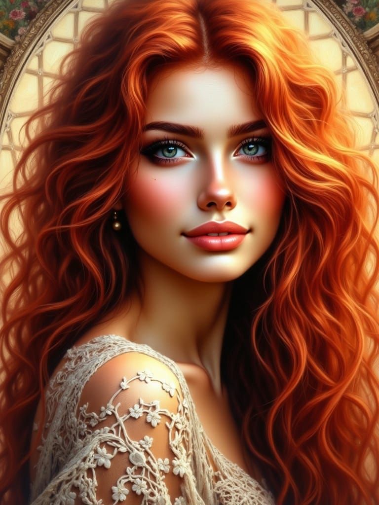 Red-Haired Woman in Lace Gown, Pre-Raphaelite Style