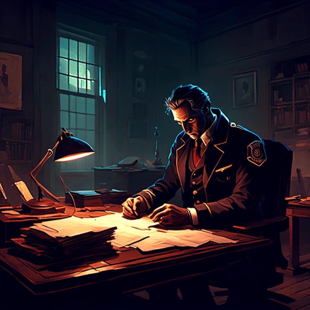 Man at Desk in Dark Room, Stylized 3D Render