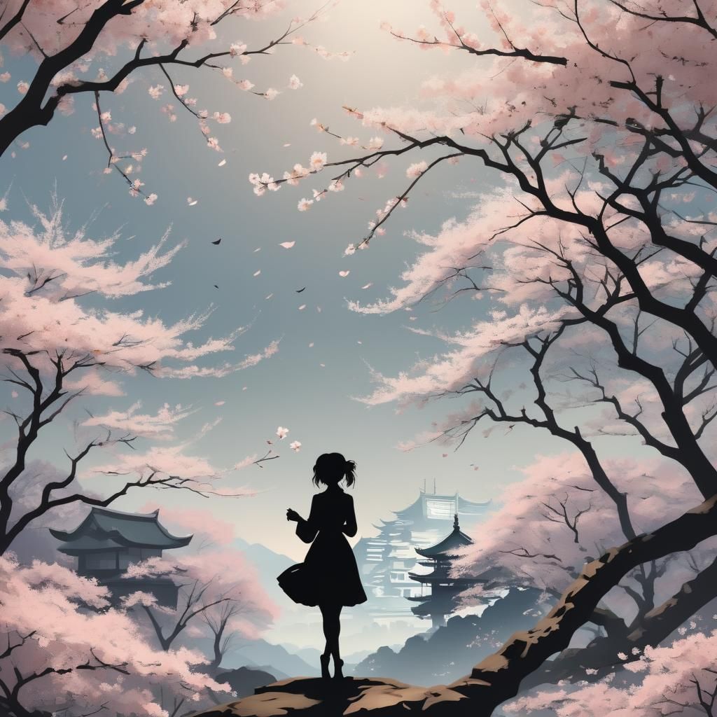 Girl's Silhouette in Sakura Garden