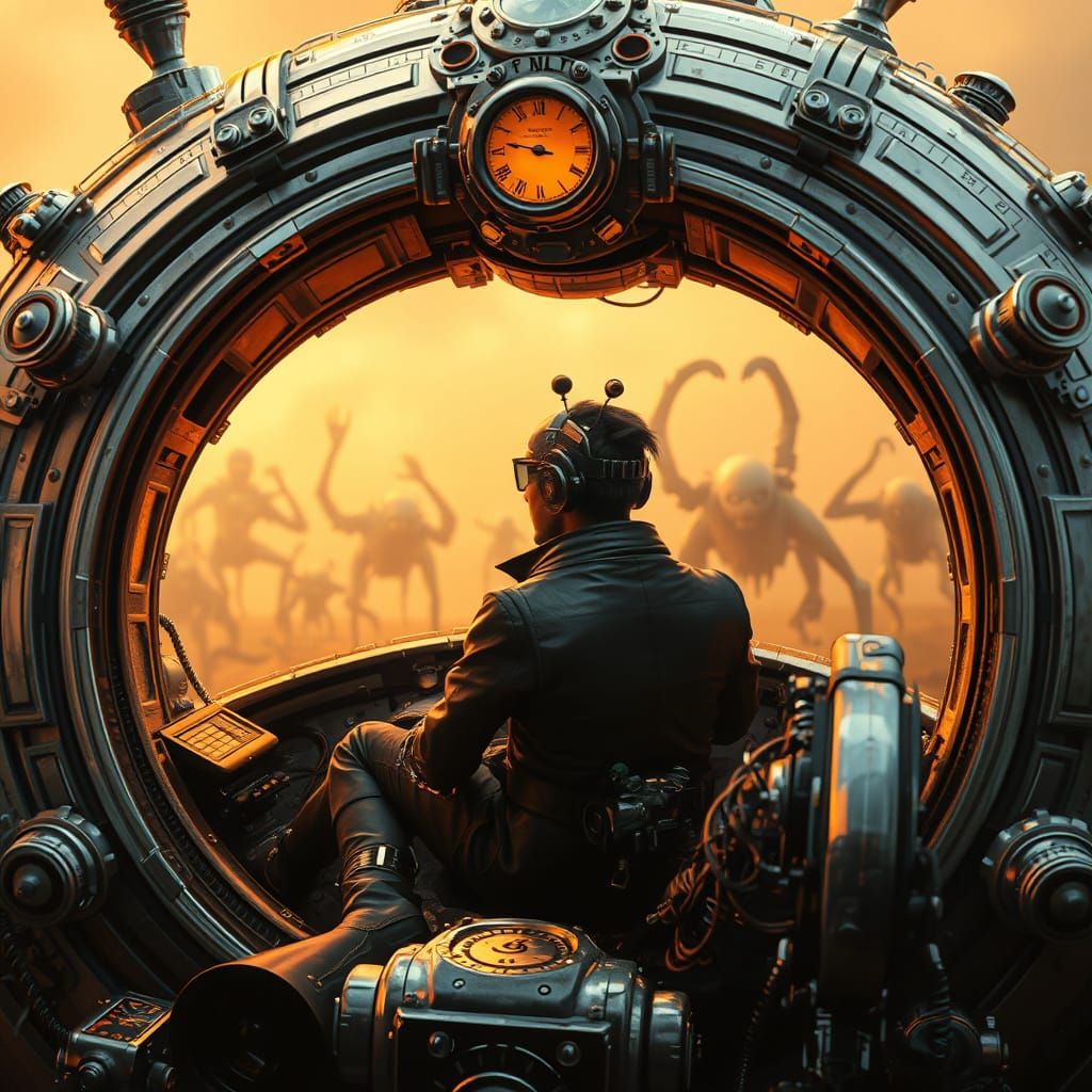 Steampunk Time Traveler Observes Morlocks in Golden Light