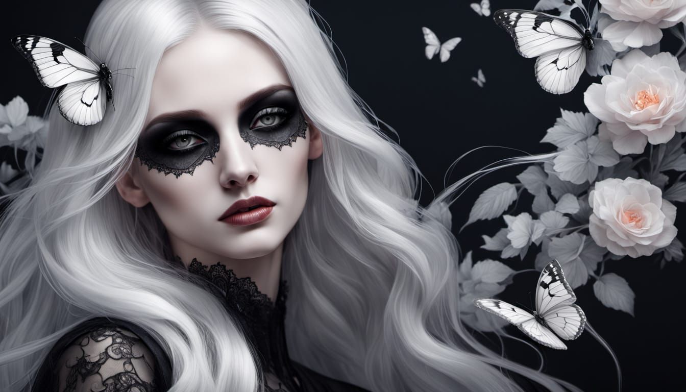 Gothic Woman with White Hair and Butterfly