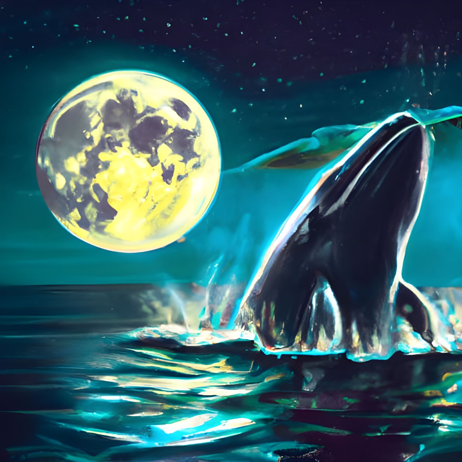Whale Leaps Before a Giant Moon, Crayon Art