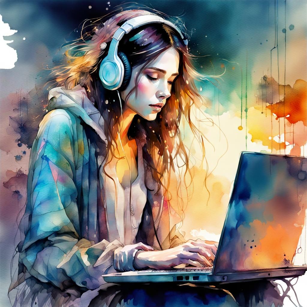 Fantasy Watercolor: Woman Working at Sunset