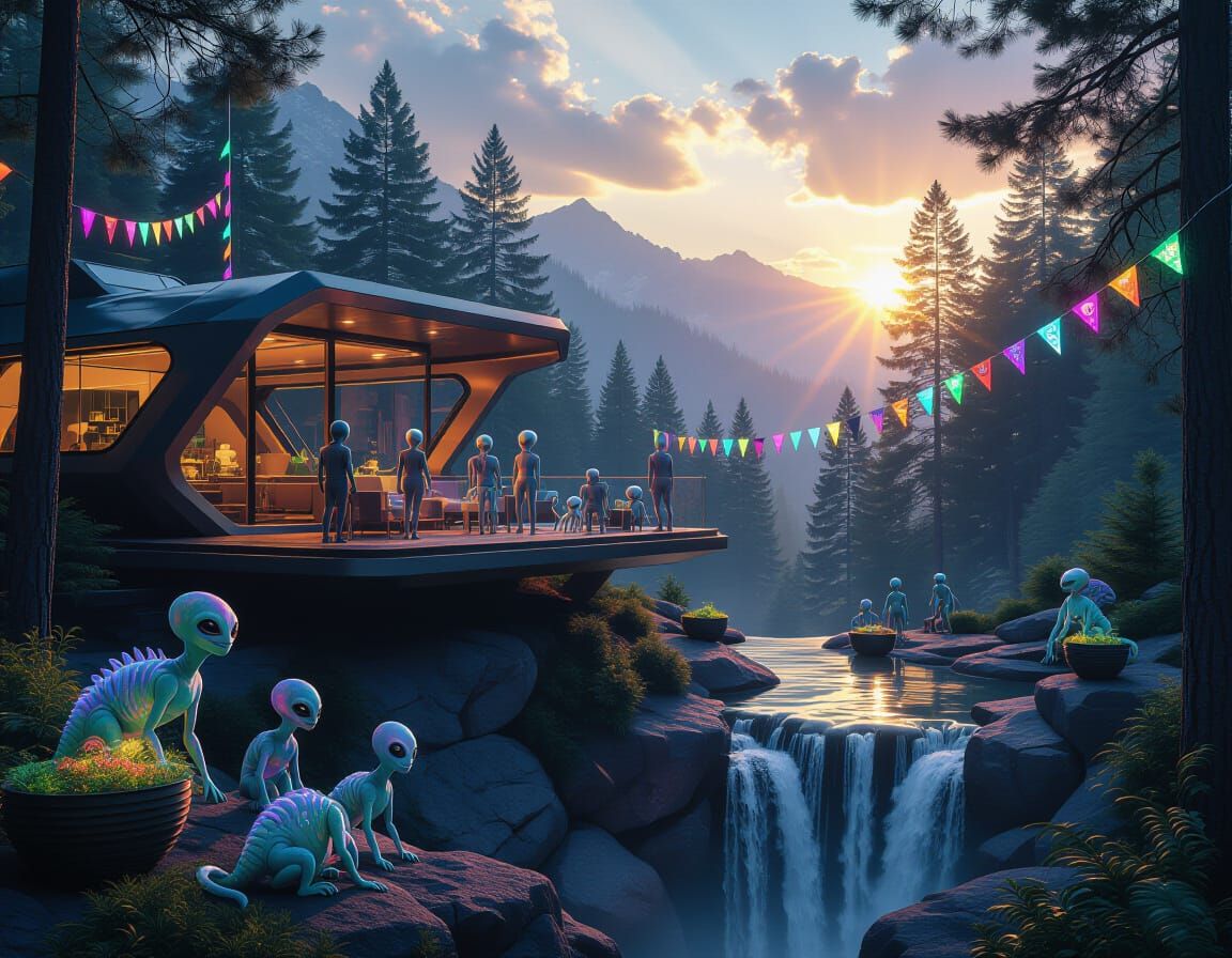 Futuristic mountain home with alien celebration