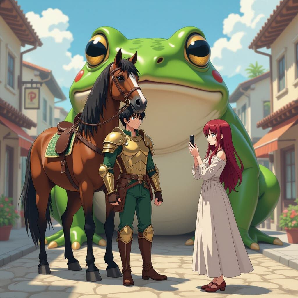 Mythical Centaur Creature & Woman Photographing in Anime Sty...