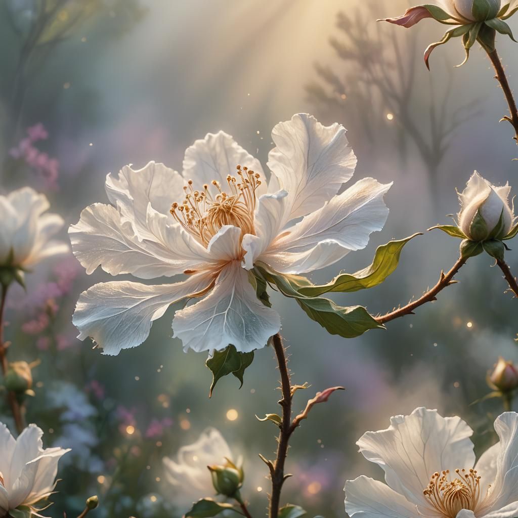Delicate Cotton Flower in Ethereal Misty Landscape