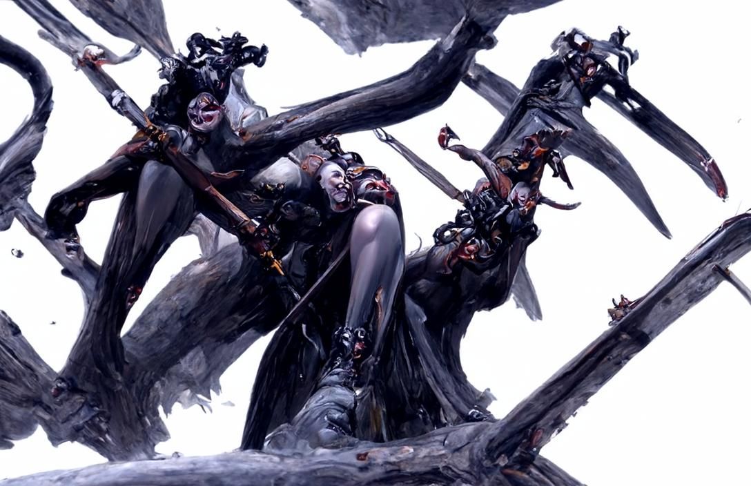 Demon Woman Impaling Heads: Cel-Shaded Digital Art