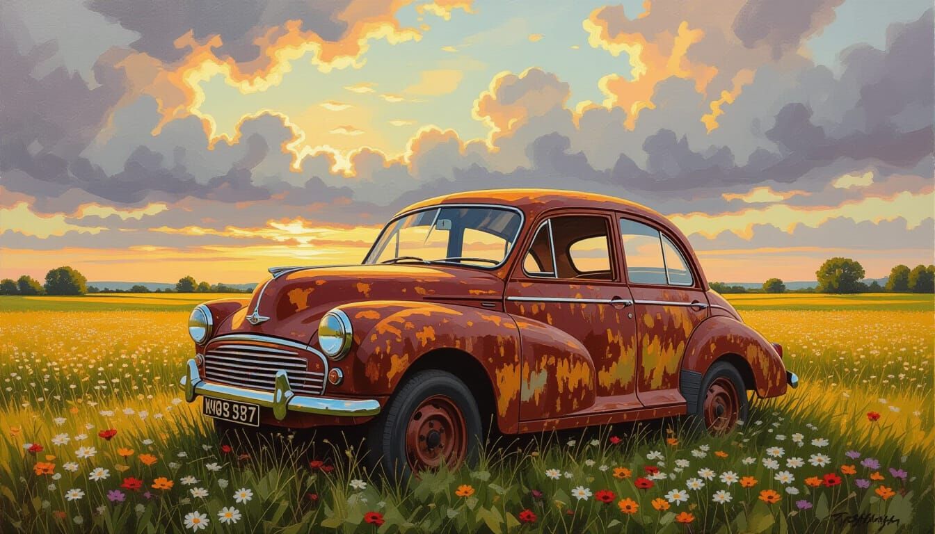 Masterpiece Oil Painting of Abandoned Morris Minor 1100
