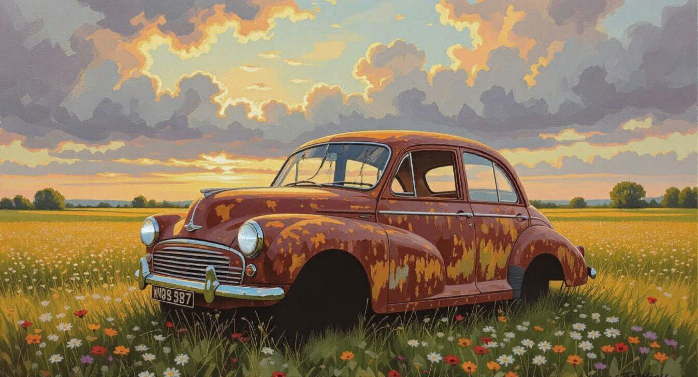 Rusted Morris Minor 1100 Abandoned in Field Oil Painting