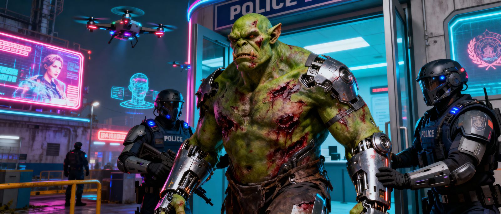 Cyberpunk Orc Prisoner Escorted by Security Agents