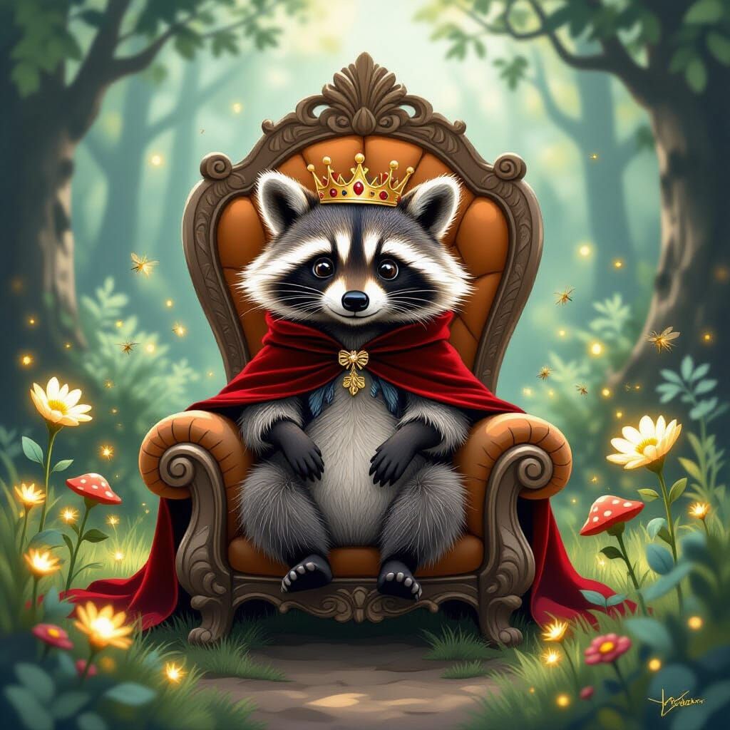 Raccoon King on Mushroom Throne in Enchanted Forest