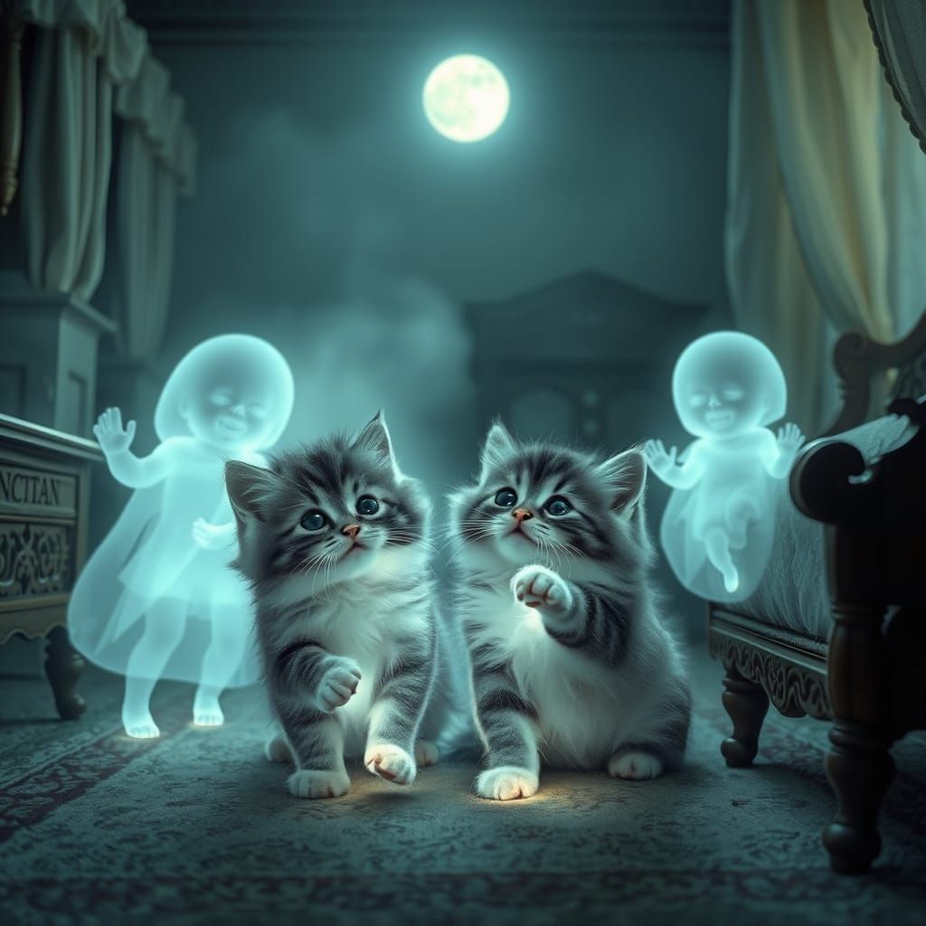 Mystical Kittens Play with Ghostly Playmates in Moonlit Nurs...