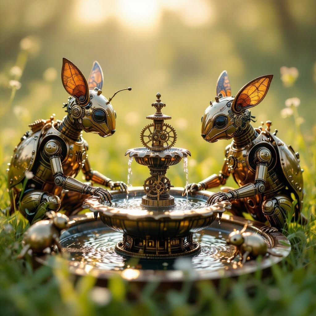 Steampunk Critters Gather by Clockwork Fountain